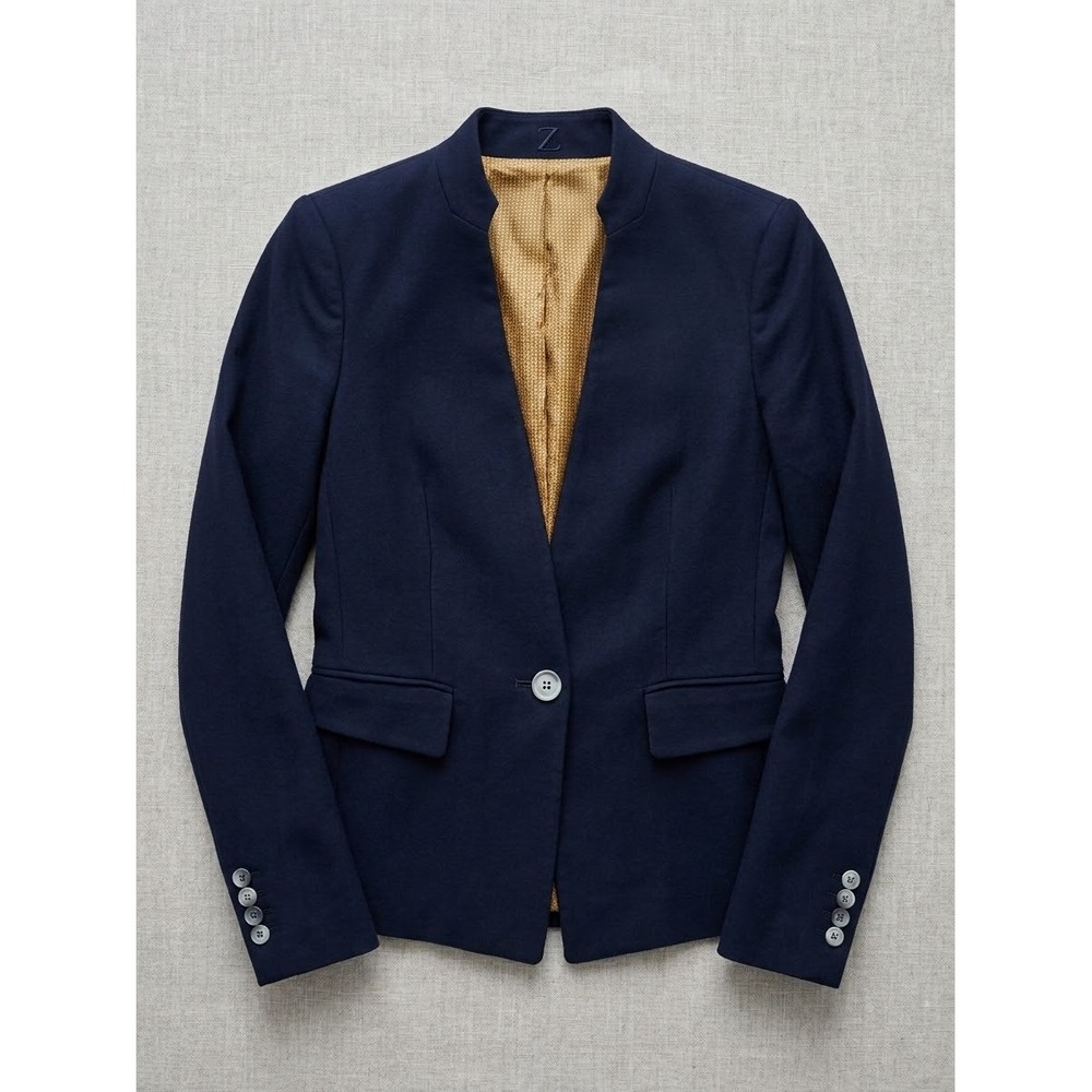 Zara Basic Navy Blue Stand Collar Blazer Gold Polka Dot Lining XS 2166/281/401